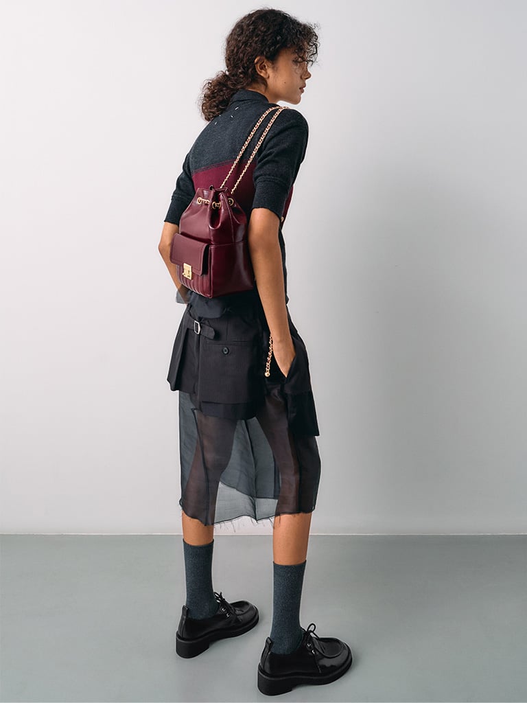 Women’s Donna crinkle-effect backpack in burgundy — CHARLES & KEITH