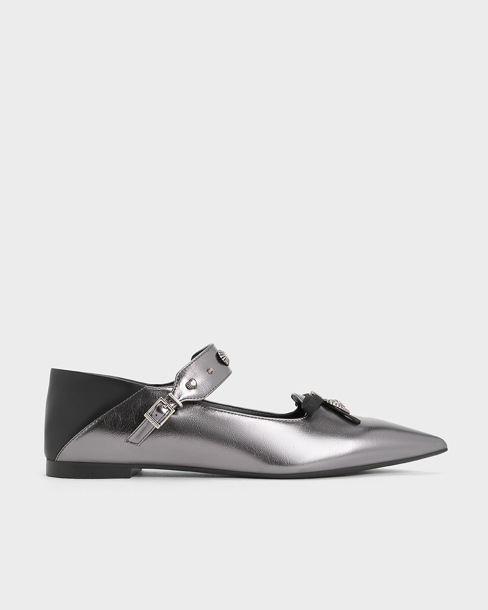 Women’s Studded Heart-Embellished Pointed-Toe Mary Janes in black and pewter - CHARLES & KEITH