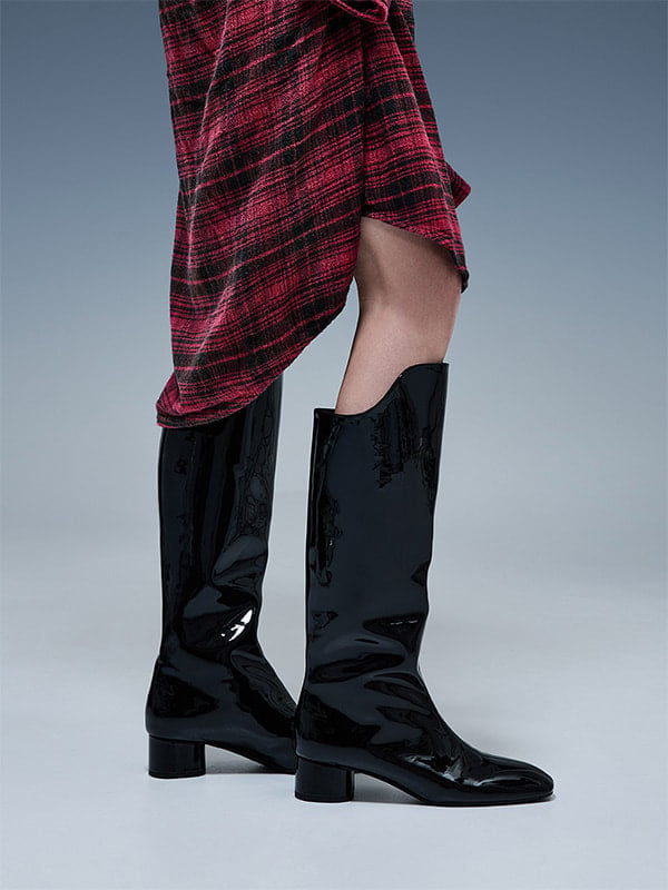 Black Patent Elongated Square-Toe Knee-High Boots  - CHARLES & KEITH