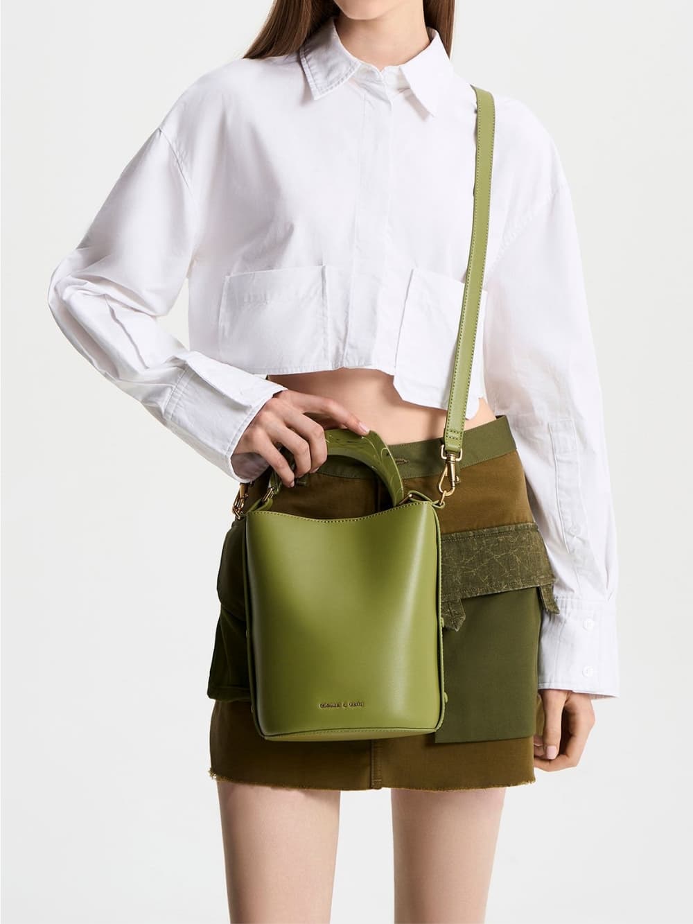 Womens Lana Midi Bucket Bag - Leather Bucket Bag Tan / Green