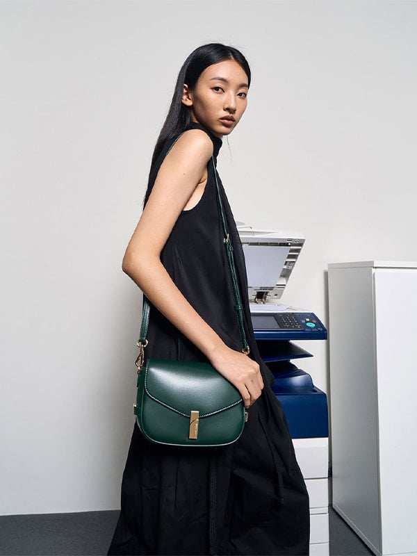 Dark Green Aurelia Metallic-Accent Saddle Bag - CHARLES & KEITH