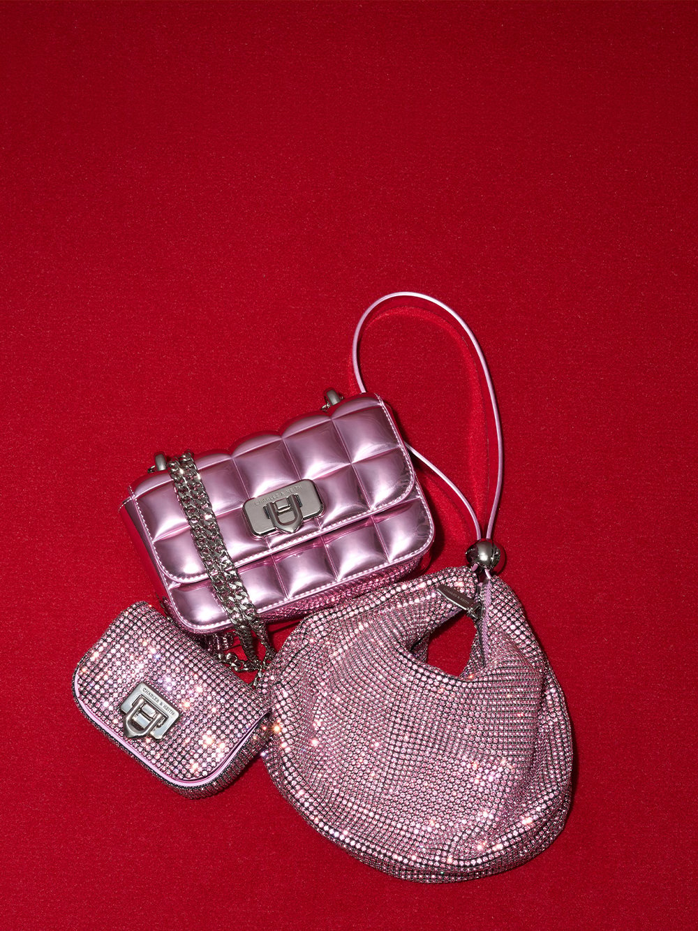 Pink Metallic Square-Quilted Chain-Handle Bag and Pink Crystal-Embellished Two-Way Bag - CHARLES & KEITH