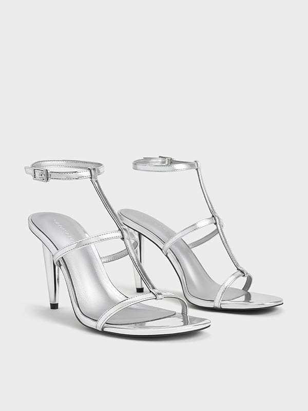 Women's Silver Metallic T-Bar Ankle-Strap Sandals - CHARLES & KEITH