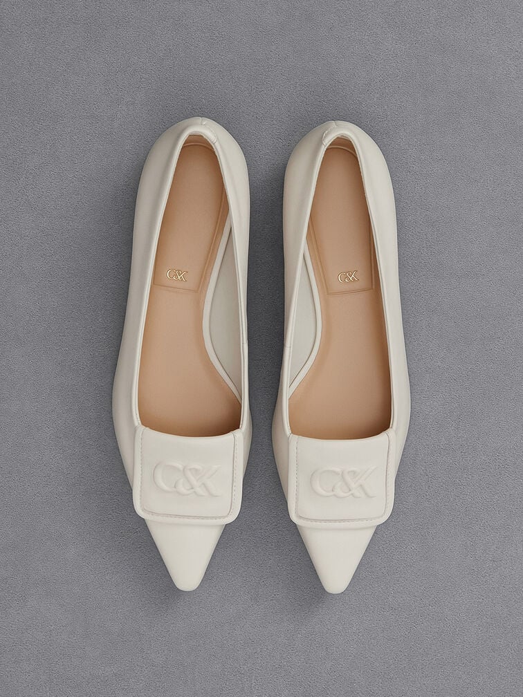 Women’s leather pointed-toe flats in white - CHARLES & KEITH