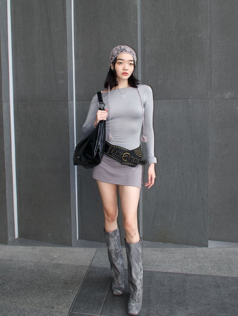 Women’s Lumen slouchy hobo bag in noir & Robbie denim-effect platform knee-high boots in dark grey, as seen on Meiyue - CHARLES & KEITH