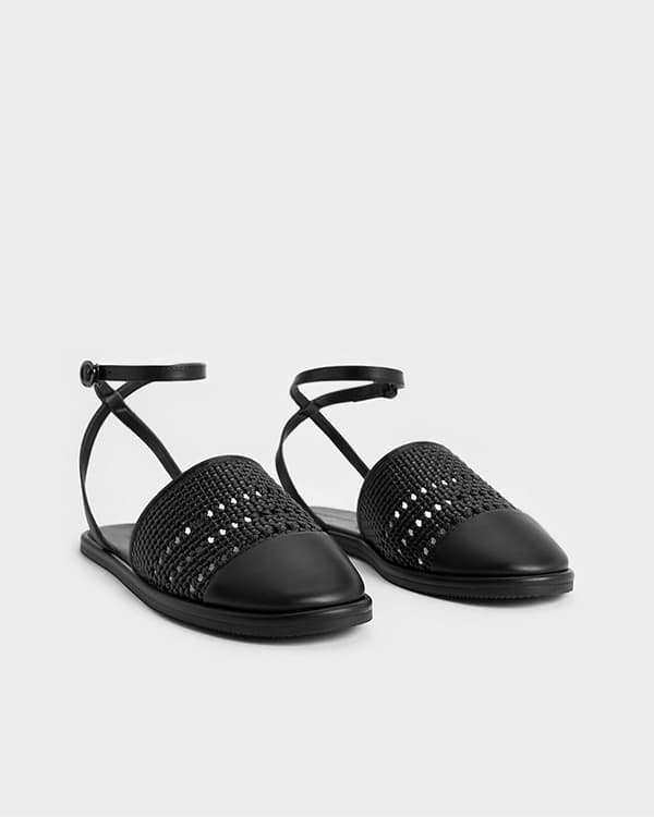 Women's Black Woven Ankle-Strap Flats  - CHARLES & KEITH