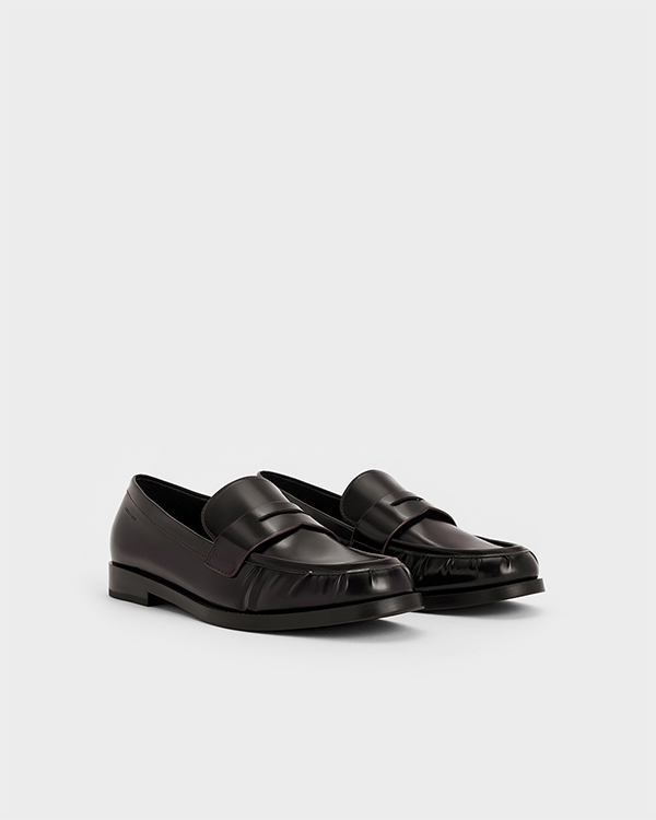 Women's Burgundy Ruched Penny Loafers - CHARLES & KEITH