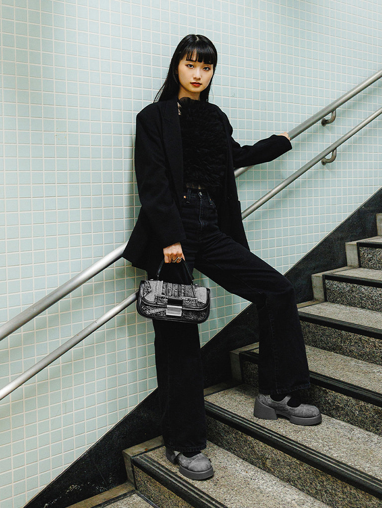 Women’s Charlot patchwork denim elongated top handle bag in noir & Robbie denim-effect ankle-strap Mary Jane boots in dark grey, as seen on Tsukiyama Kyoka - CHARLES & KEITH