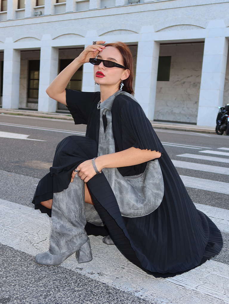 Women’s Toni knotted curved hobo bag in noir & Robbie denim-effect ankle-strap Mary Jane boots in dark grey, as seen on Sofia - CHARLES & KEITH