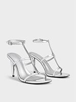 Silver Metallic T-Bar Ankle-Strap Sandals - CHARLES & KEITH