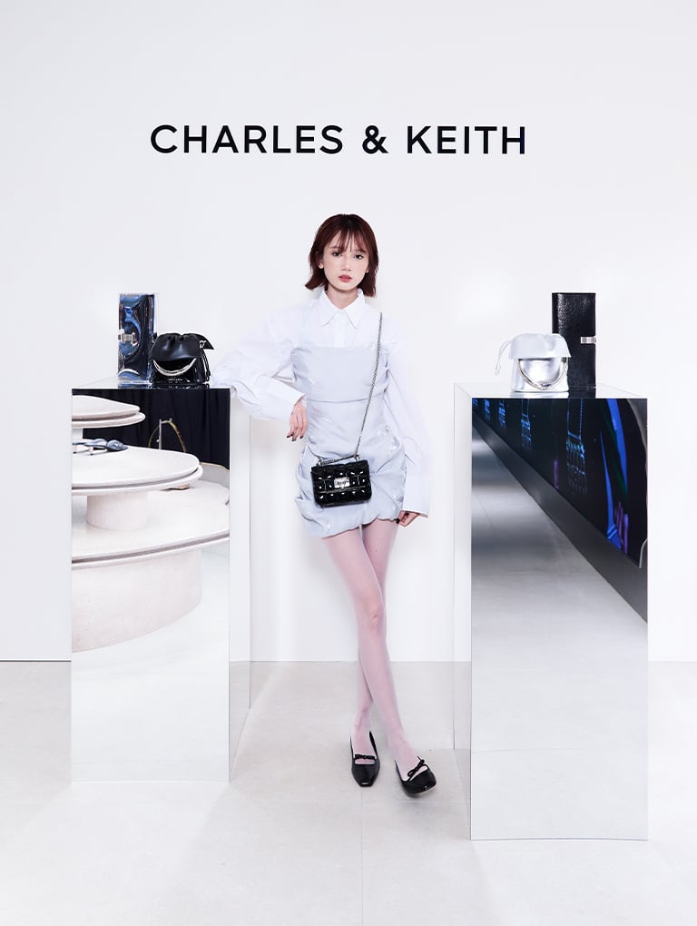 Patent Square-Quilted Chain-Handle Bag and Bow Square-Toe Ballet Flats, both in black - CHARLES & KEITH