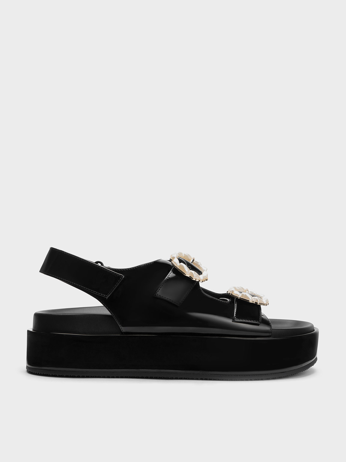 Black Patent Patent Pearl-Buckle Double Strap Sandals - CHARLES & KEITH AR