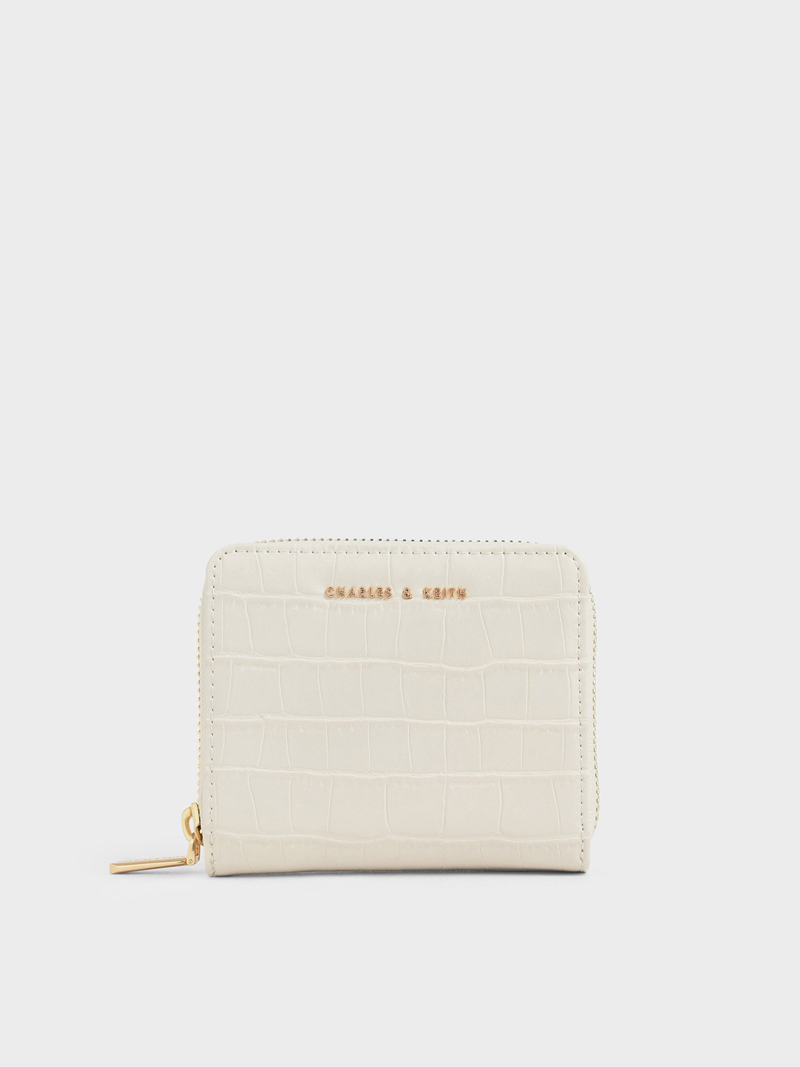 Cream Croc-Effect Small Zip-Around Wallet - CHARLES & KEITH 