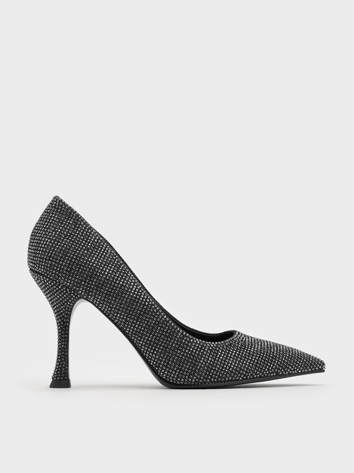 Black Textured Denim Pointed-Toe Spool-Heel Pumps - CHARLES & KEITH SG