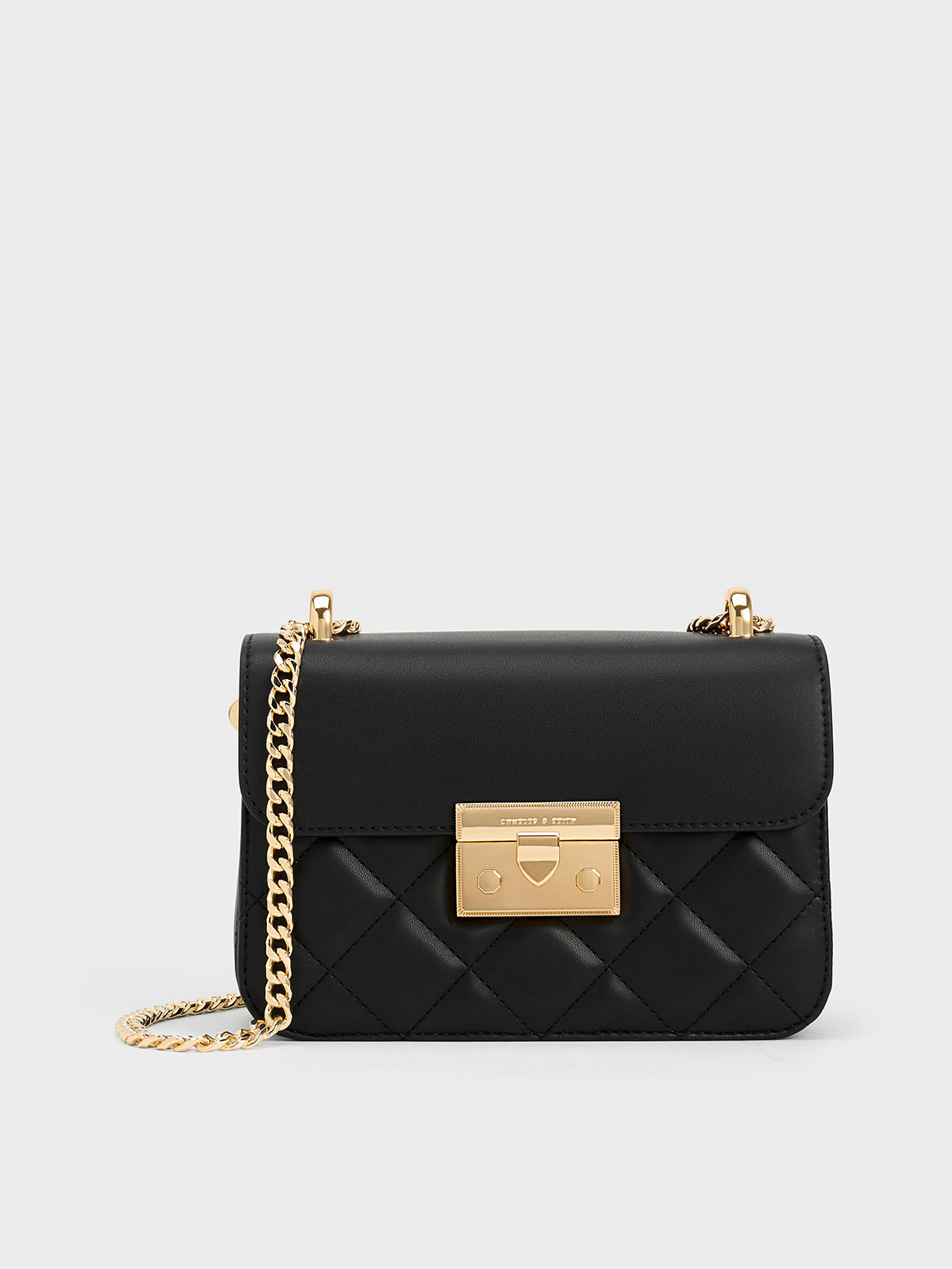 Black Quilted Push-Lock Chain-Handle Bag - CHARLES & KEITH MO