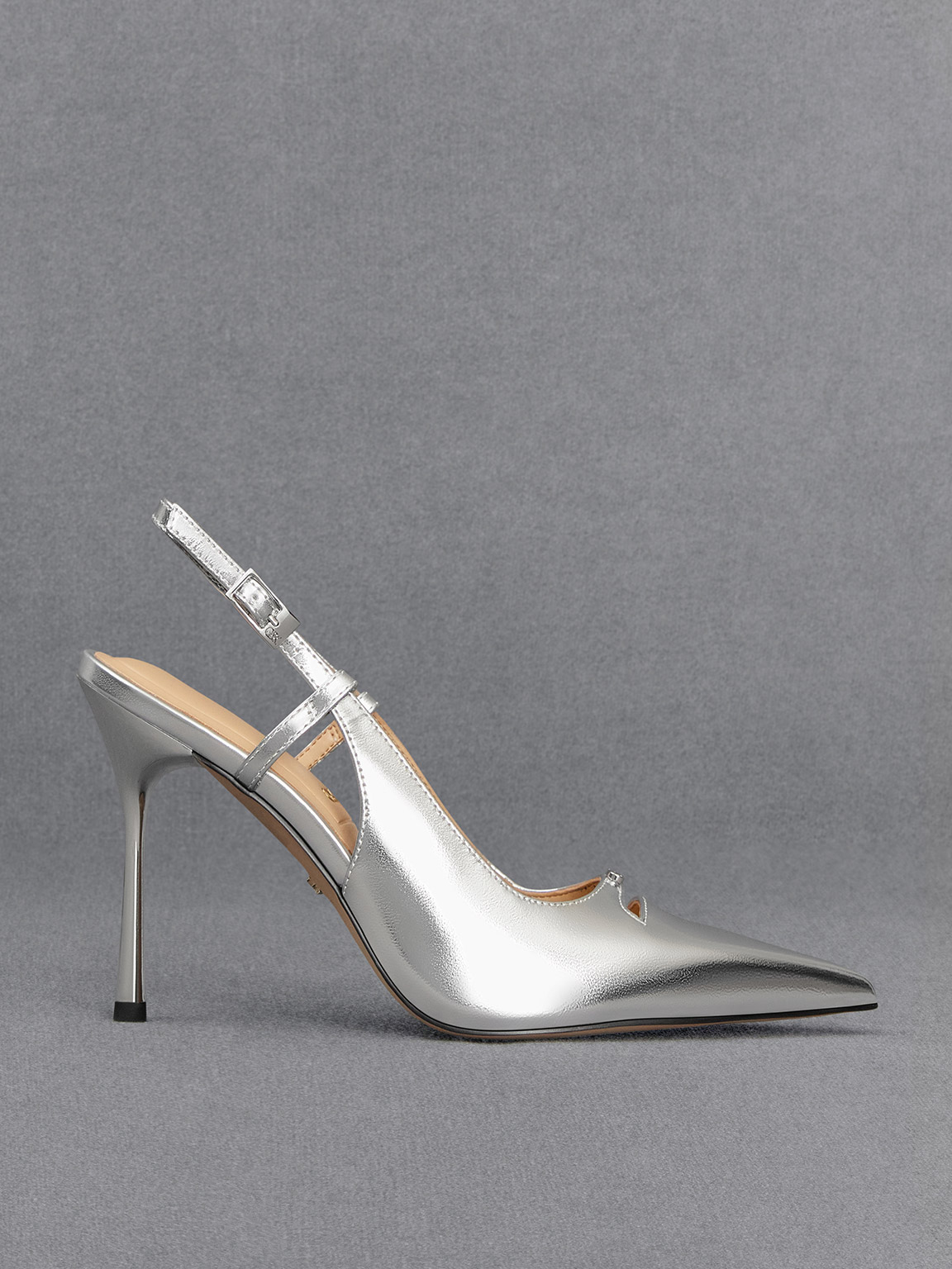 Silver Metallic Leather Pointed-Toe Slingback Pumps | CHARLES & KEITH