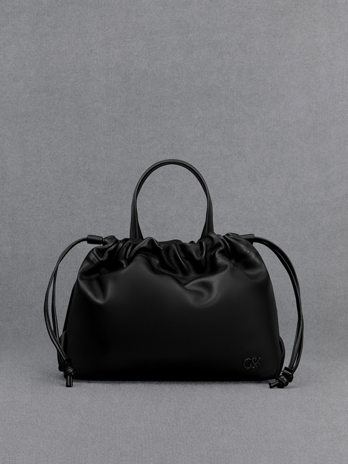 Black Leather Ruched Drawstring Bag | CHARLES & KEITH