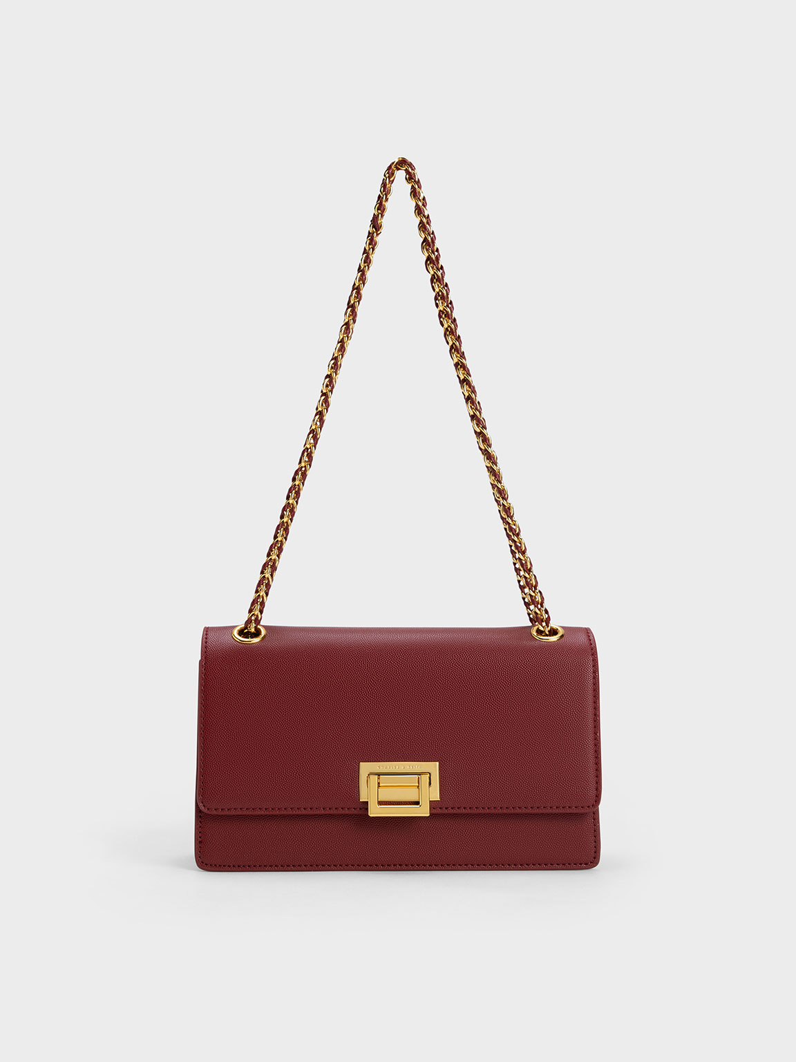 Chain Strap Push-Lock Shoulder Bag, Burgundy, hi-res