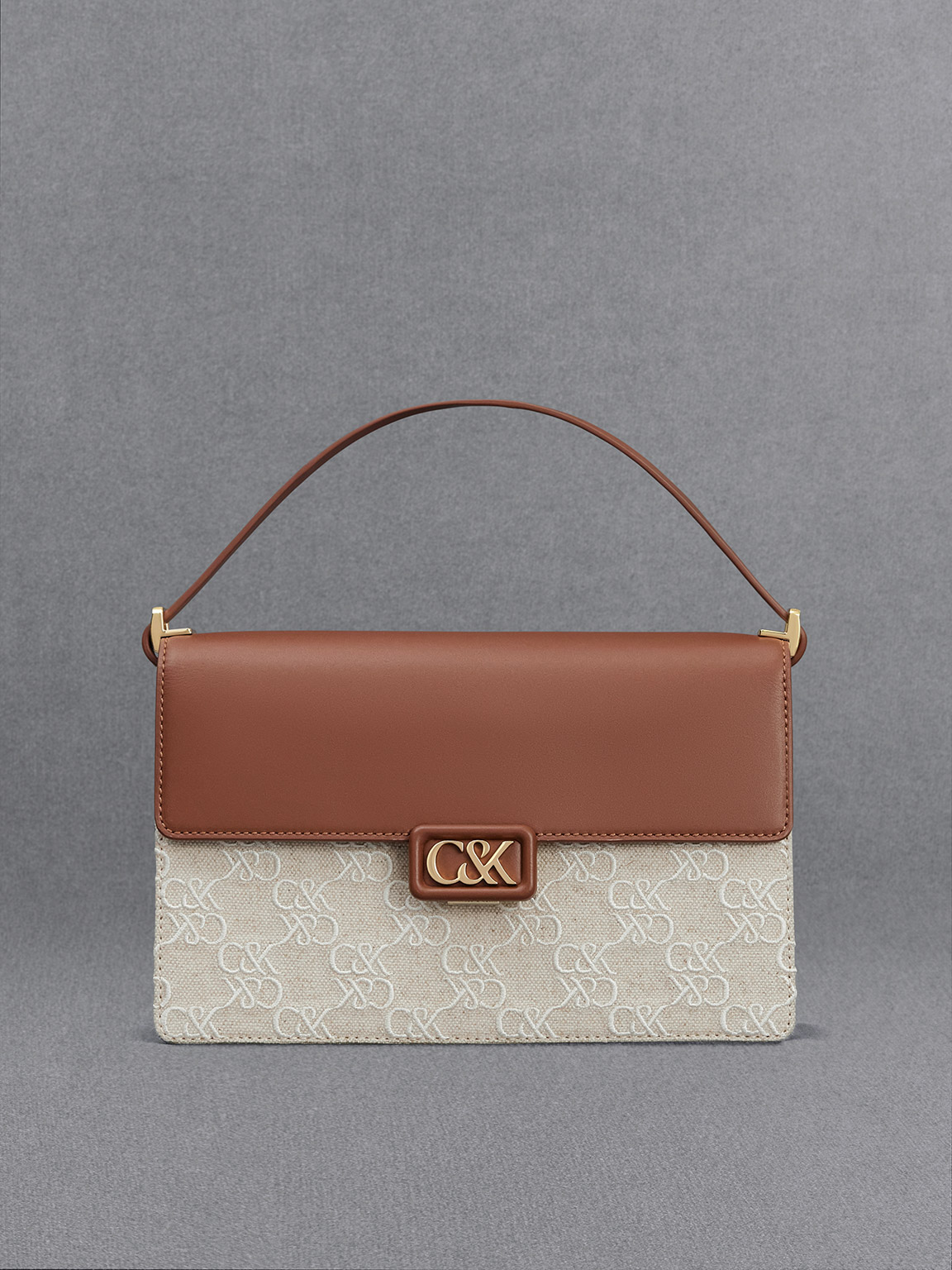 Shop Charles & Keith - Leather & Canvas Two-tone Shoulder Bag In Cognac