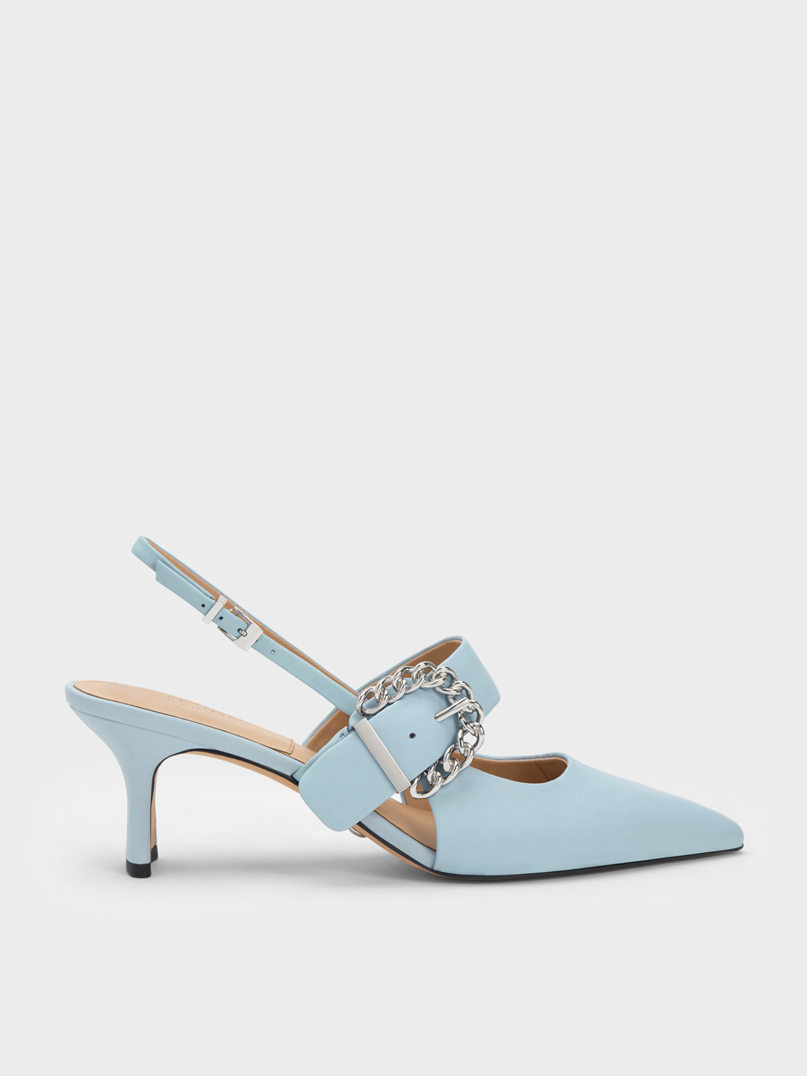 Blue Chain-Buckled Leather Slingback Pumps - CHARLES & KEITH KR