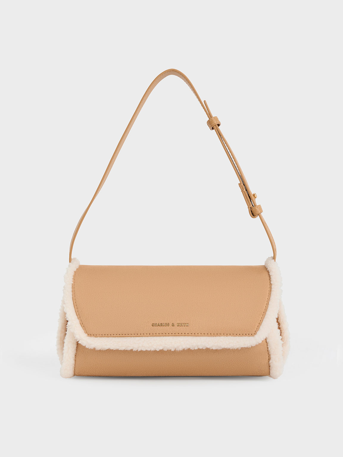 Camel Cassiopeia Textured Fur-Trim Shoulder Bag - CHARLES & KEITH CL