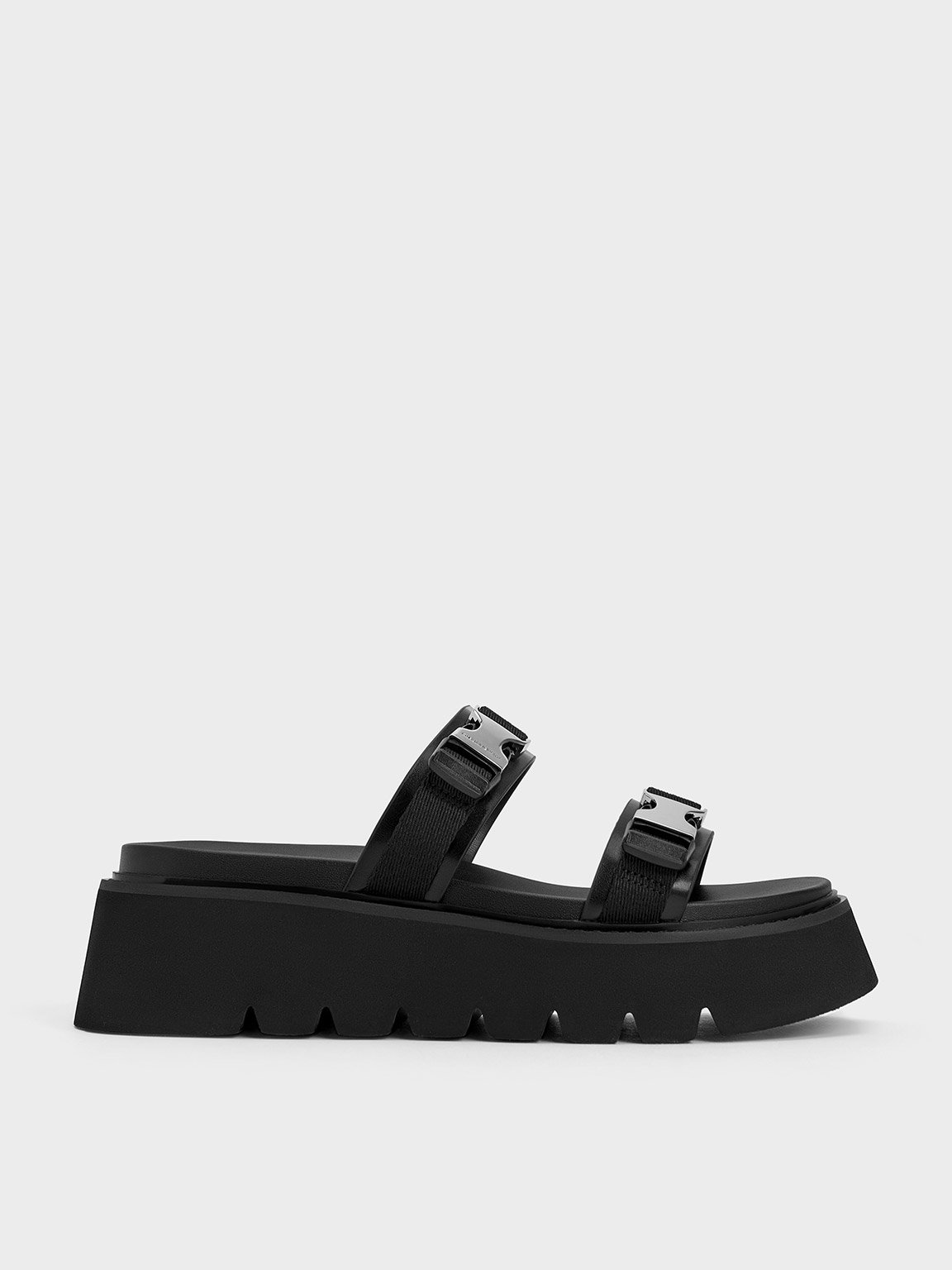 Shop Charles & Keith - Laine Metallic-buckle Flatform Sandals In Black
