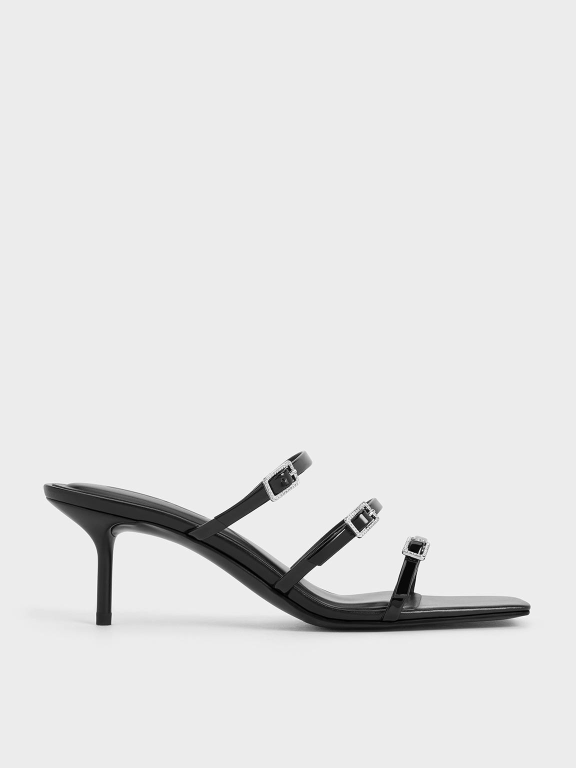 Black Patent Crystal-Buckle Heeled Mules - CHARLES & KEITH SG