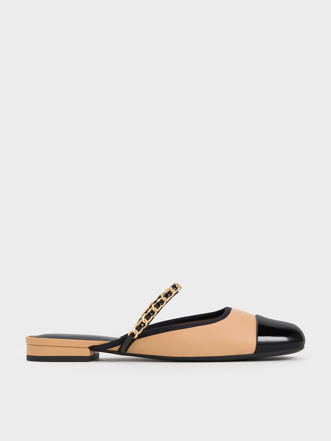 Charles & Keith Patent Two-tone Chain-strap Mules In Beige
