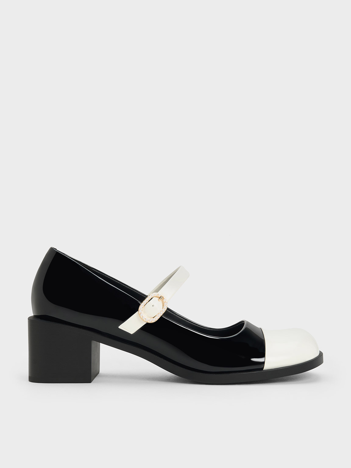 Charles & Keith Patent Crystal-embellished Buckle Two-tone Mary Janes In Black Patent