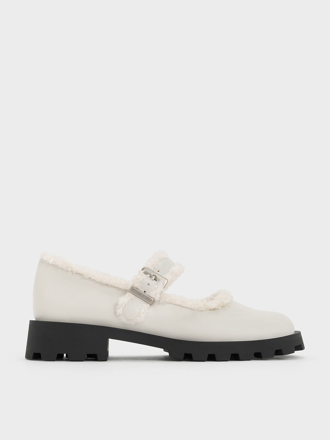 Charles & Keith Fur-trim Buckled Mary Janes In Chalk