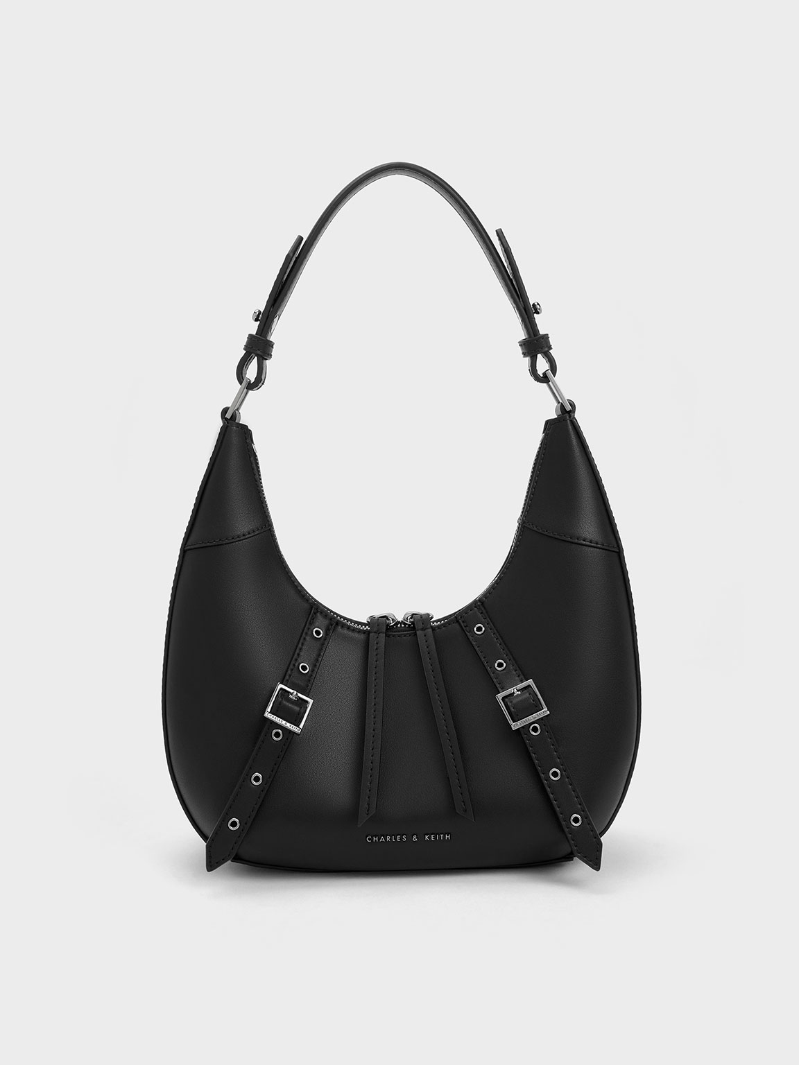 Noir Grommet Crescent Hobo Bag - CHARLES & KEITH MO