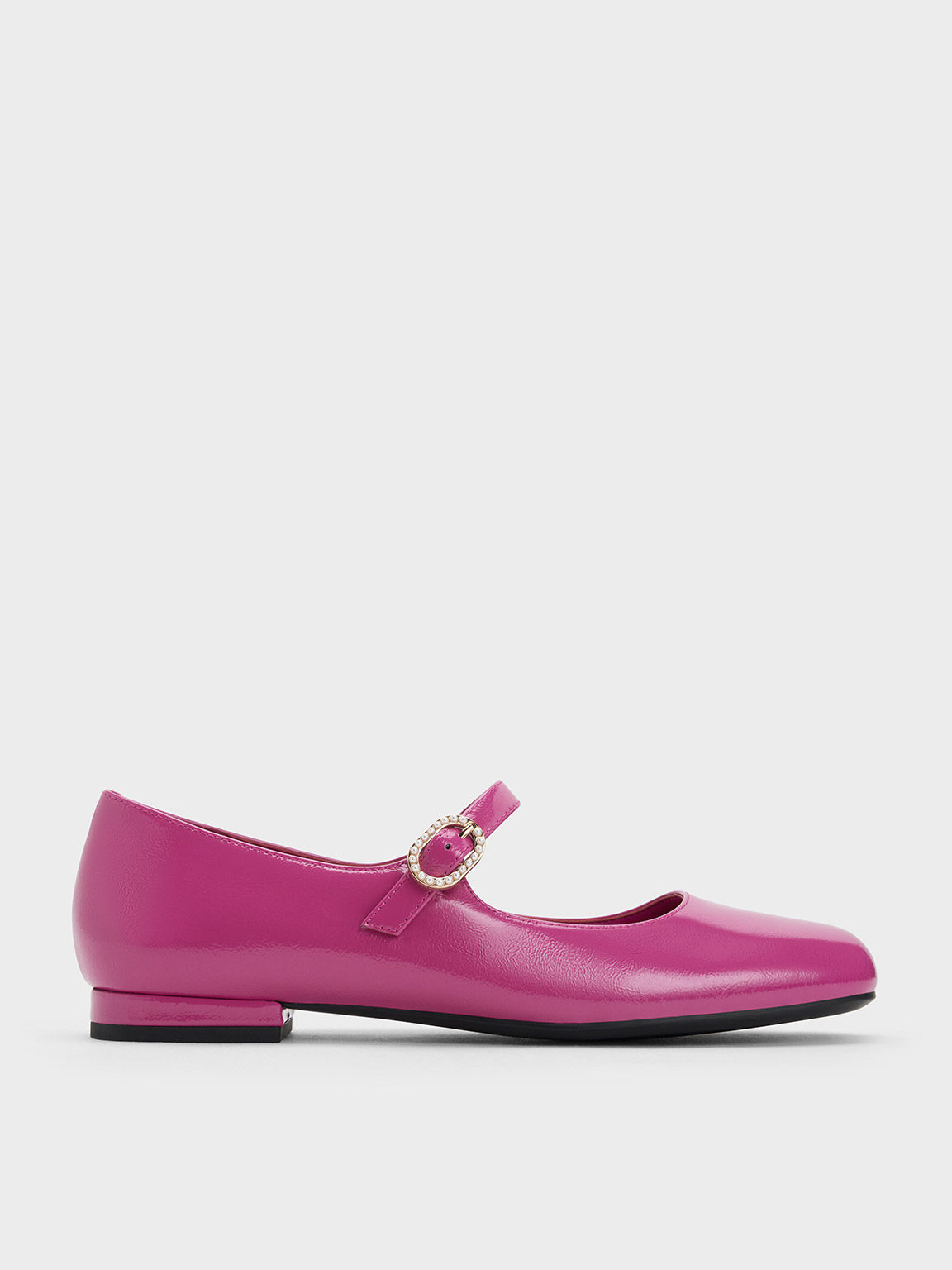 Fuchsia Patent Crinkle-Effect Pearl-Buckle Mary Janes - CHARLES & KEITH SG