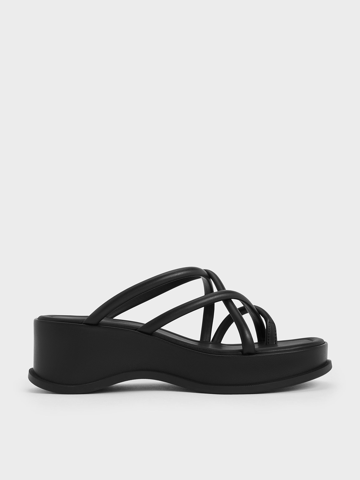 Charles & Keith Strappy Tubular Wedge Sandals In Black