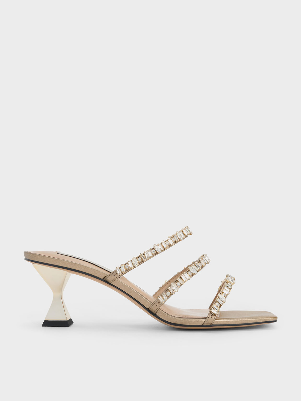 Gold Gem-Encrusted Metallic Strappy Sandals - CHARLES & KEITH MY