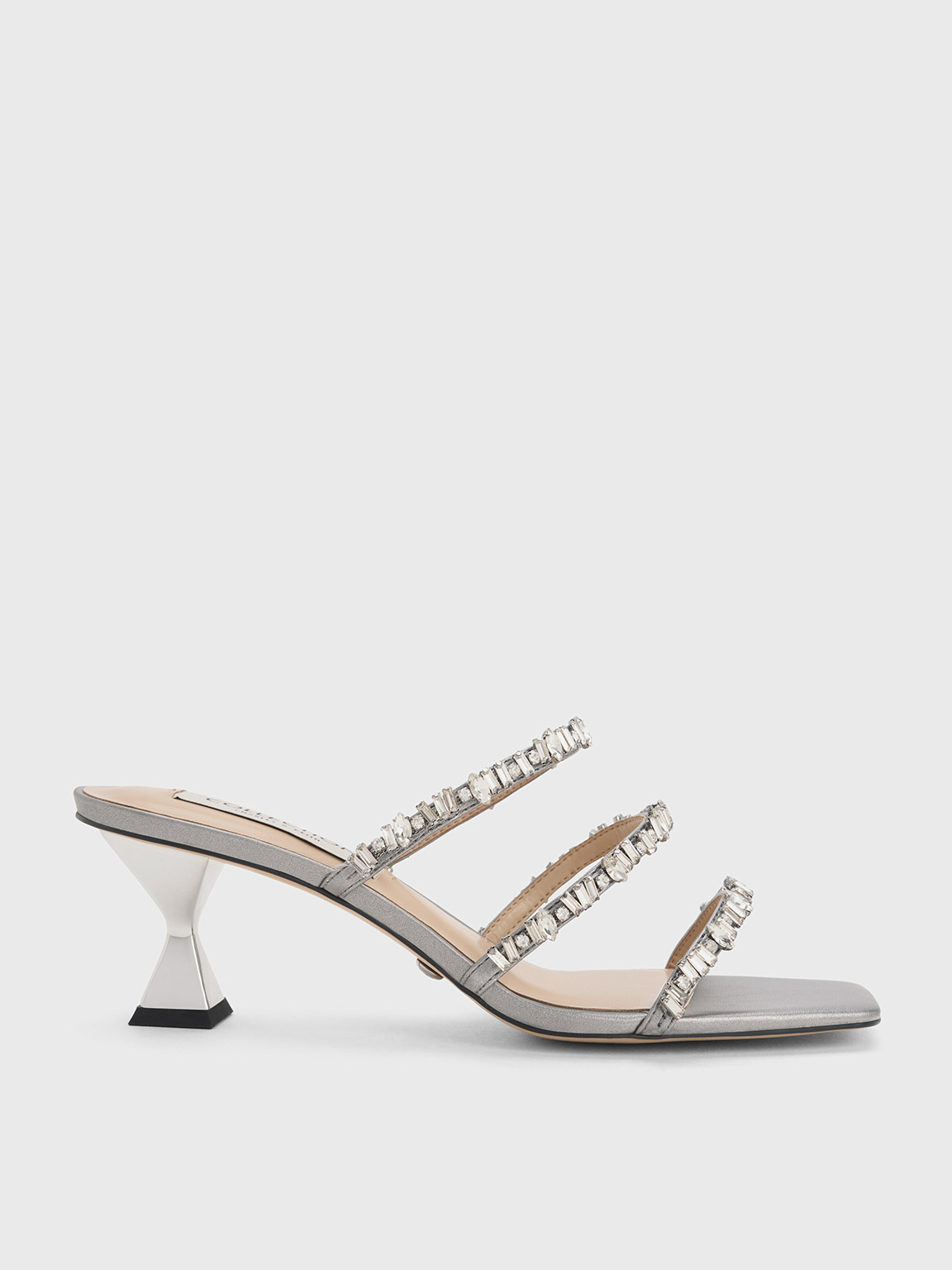 Silver Gem-Encrusted Metallic Strappy Sandals - CHARLES & KEITH US