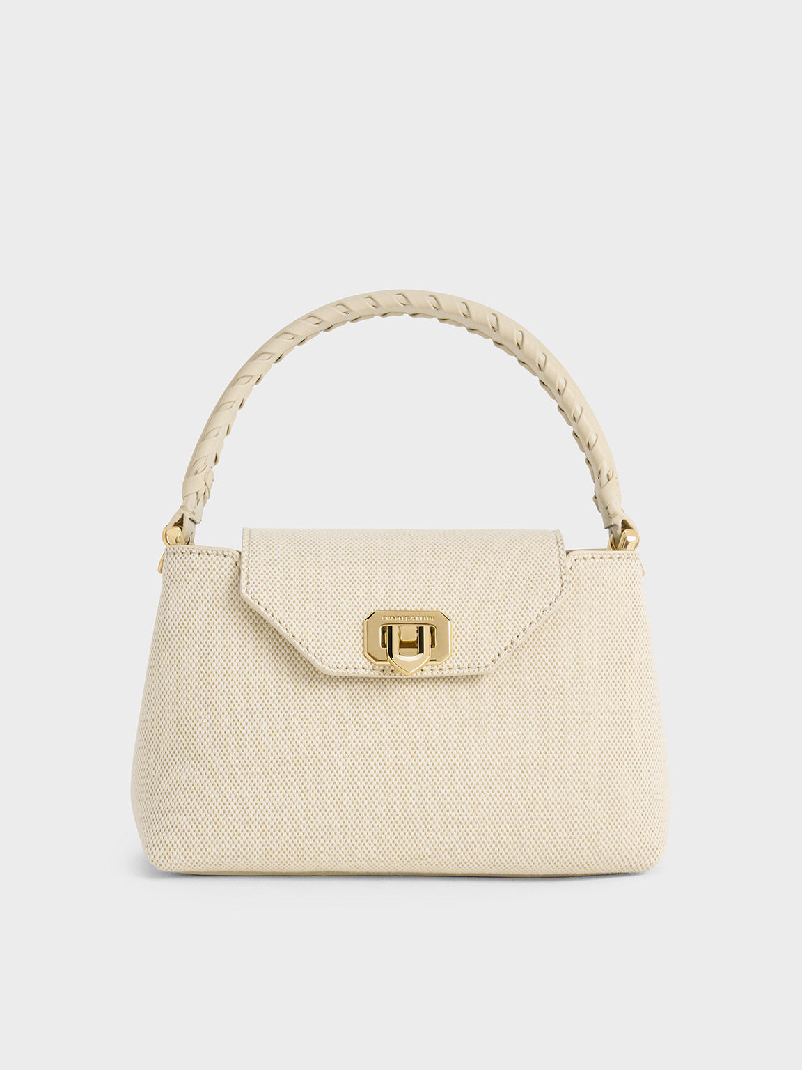 Shop Charles & Keith Arwen Canvas Braided-strap Top Handle Bag In Beige