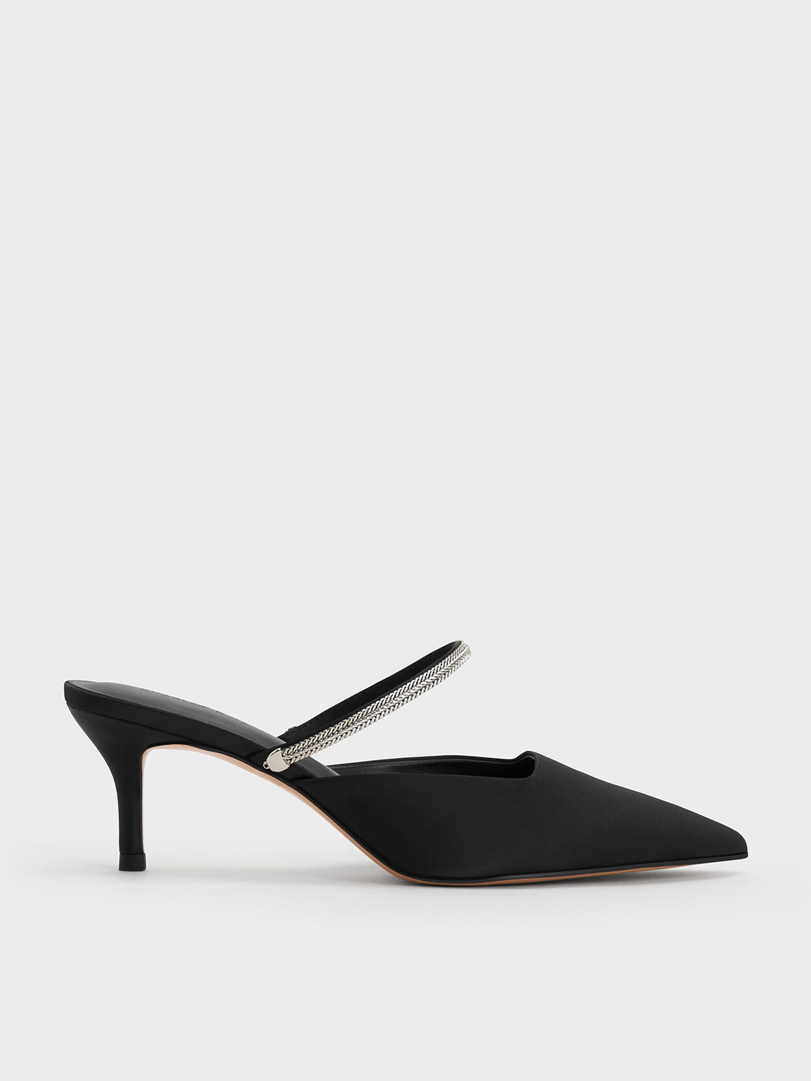 Black Textured Satin Braided-Strap Pointed-Toe Mules - CHARLES & KEITH SG