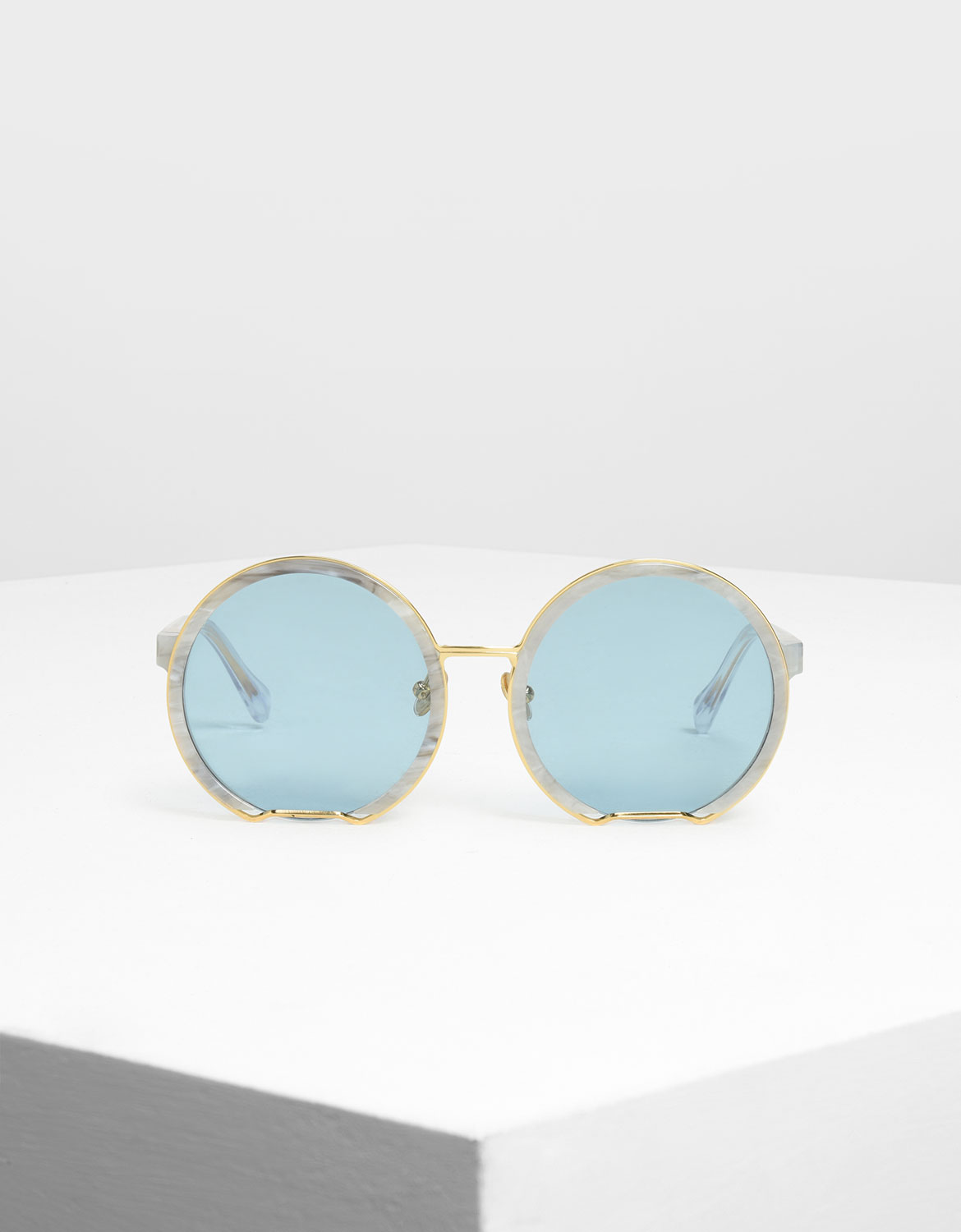 White Cut Off Frame Round Sunglasses - CHARLES & KEITH International
