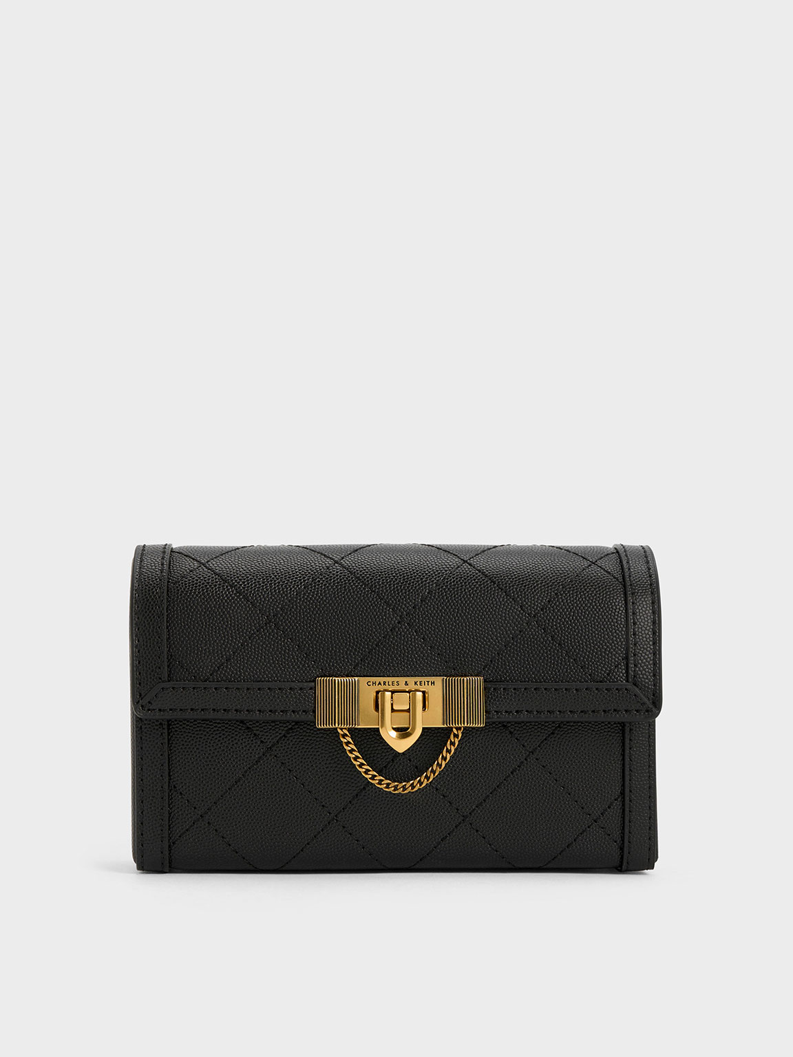 Black Metallic Turn-Lock Quilted Clutch - CHARLES & KEITH BH