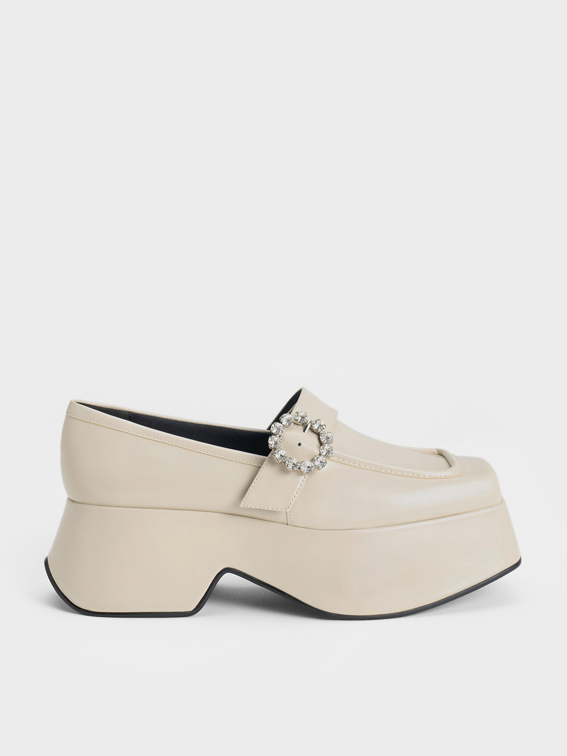 Chalk Gem-Embellished Chunky Platform Loafers | CHARLES & KEITH