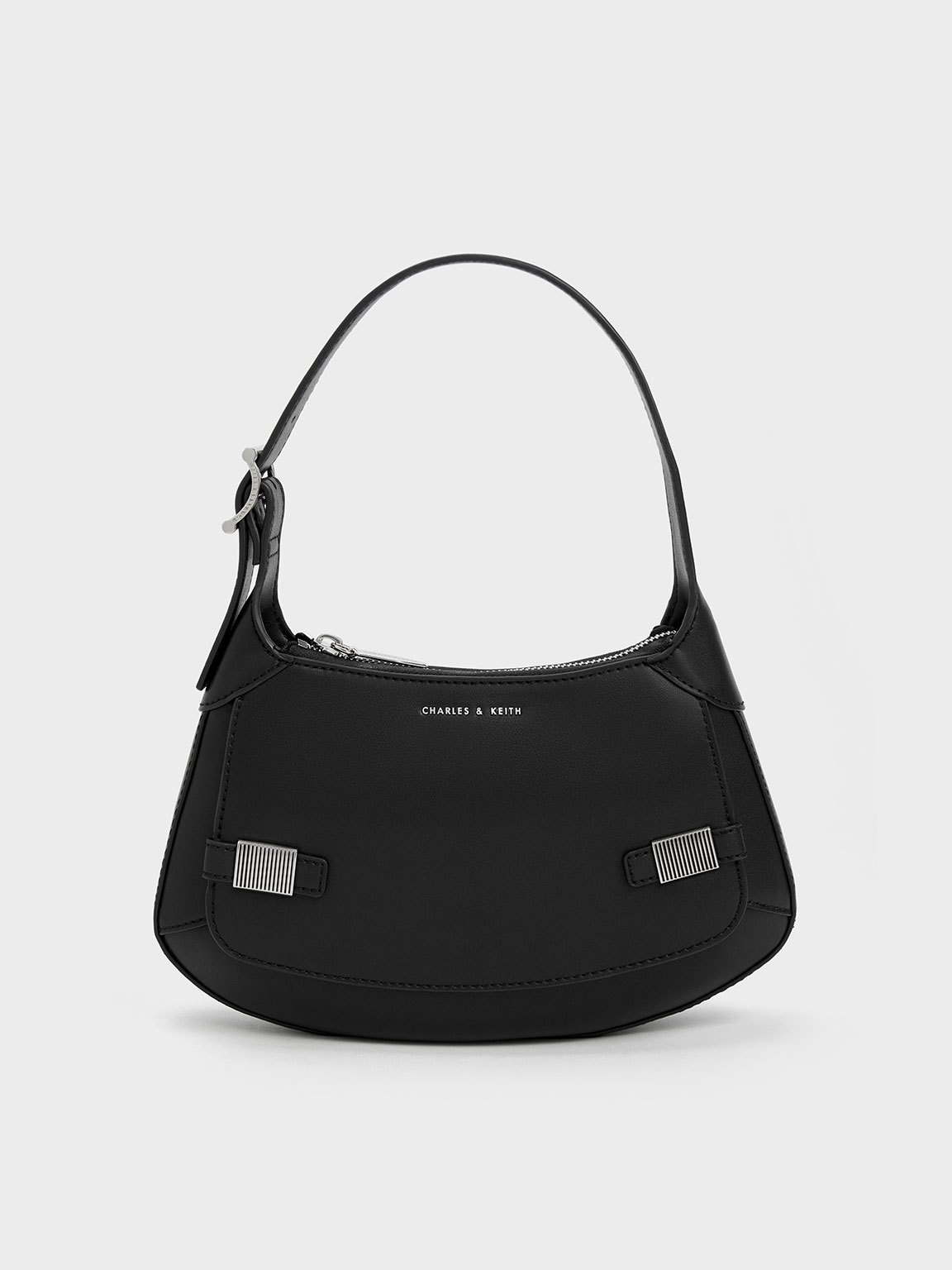 Charles & Keith Metallic-accent Curved Shoulder Bag In Black