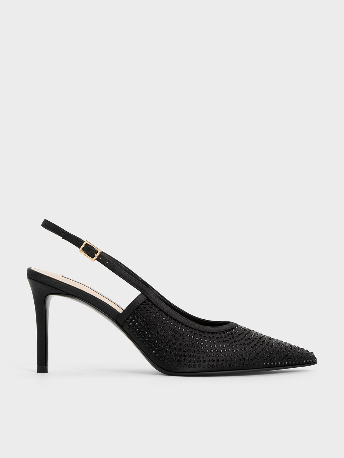 Black Satin Crystal-Embellished Slingback Pumps - CHARLES & KEITH US