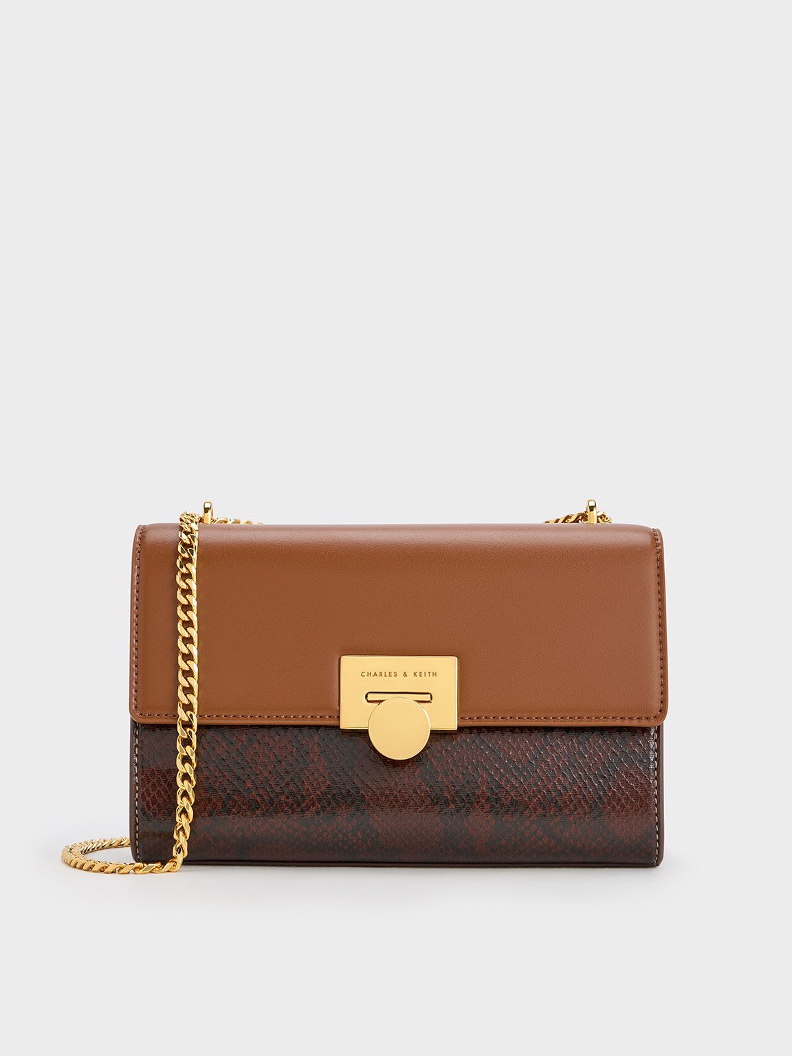 Chocolate Snake Print Chain-Strap Bag - CHARLES & KEITH MY