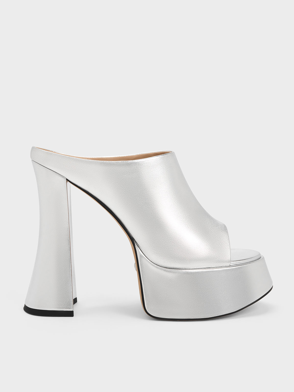 Charles & Keith Delphine Leather Metallic Platform Mules In Silver