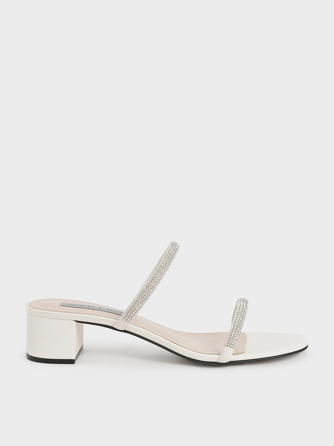 Cream Gem-Encrusted Strappy Heeled Mules - CHARLES & KEITH US