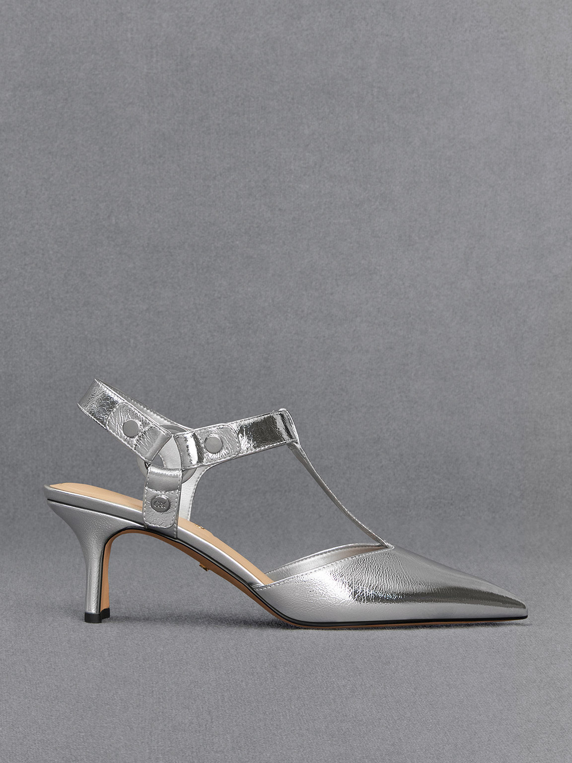 Silver Leather Metallic Buckled T-Bar Pumps - CHARLES & KEITH US