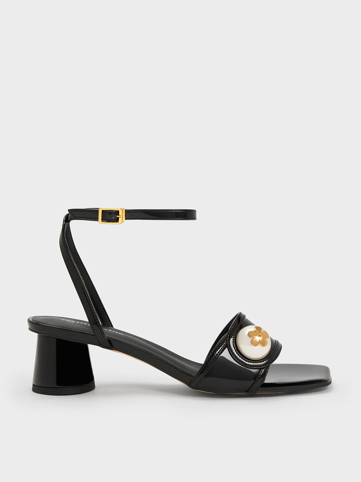 Black Pearl-Embellished Patent Sandals | CHARLES & KEITH