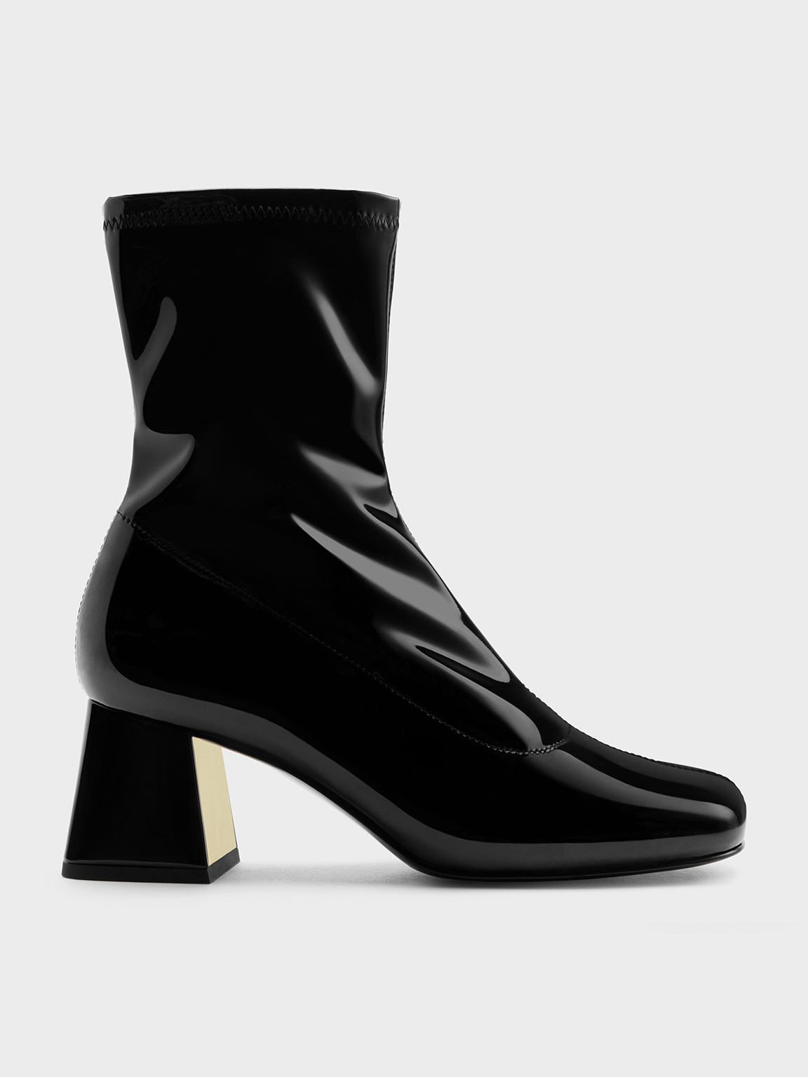 Black Patent Patent Metallic Trapeze Heel Ankle Boots - CHARLES & KEITH US