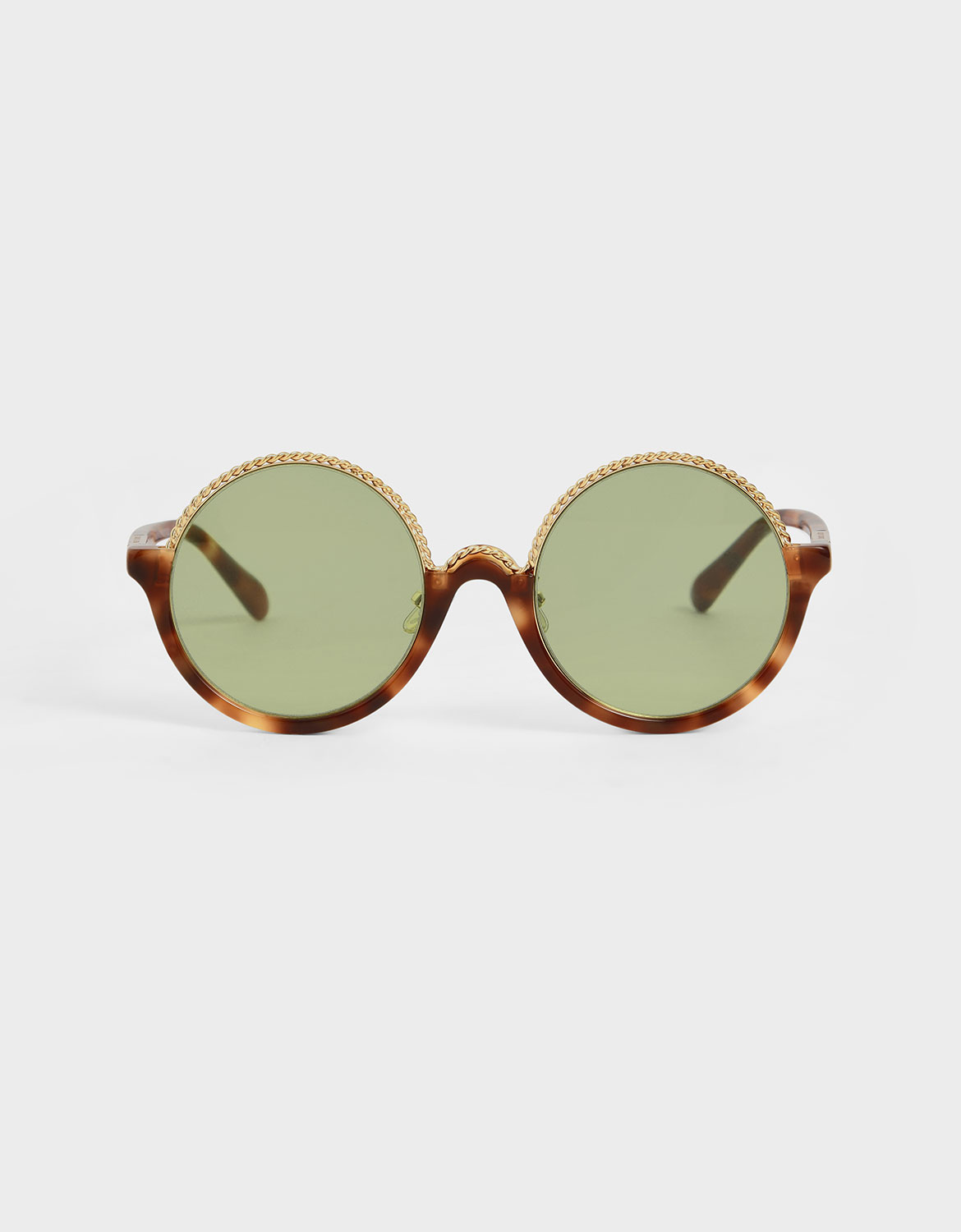 Tortoiseshell Half Frame Embellished Round Sunglasses | CHARLES & KEITH