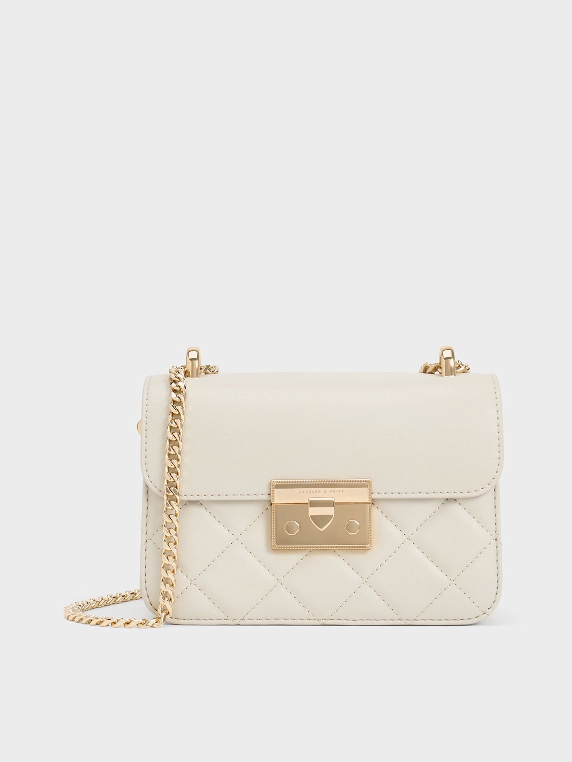 Ivory Quilted Push-Lock Chain-Handle Bag - CHARLES & KEITH SG